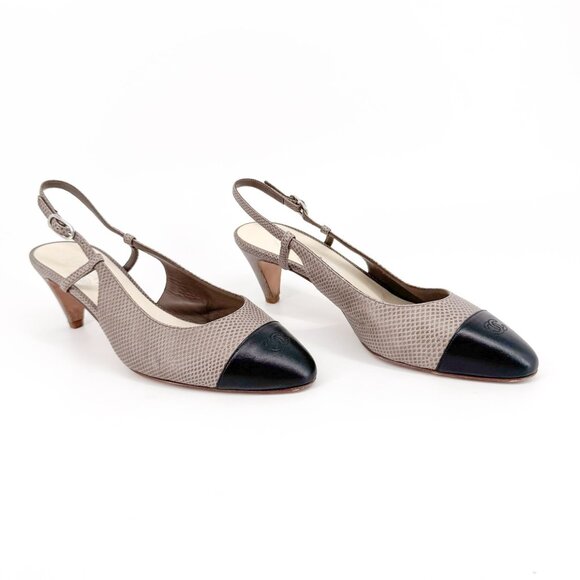 Chanel CC Cap Toe Slingback Kitten Pumps Heels Taupe Leather Size 38 US 7-7.5 - Picture 1 of 16